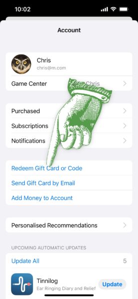 Tap on redeem gift card or code